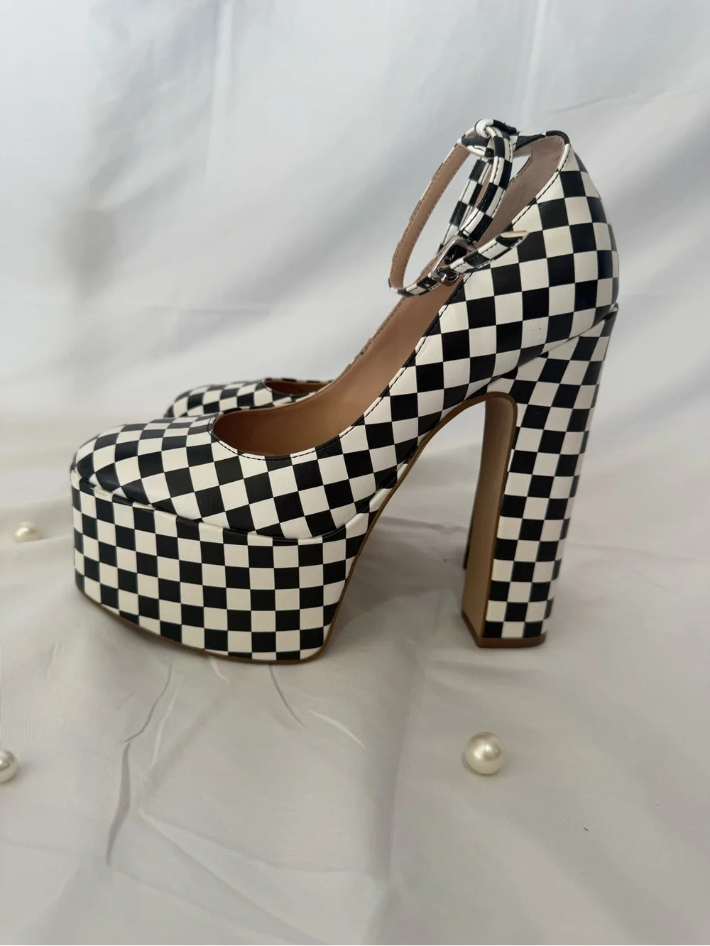 Steve Madden Black and White Checkerboard Platform Pumps with Ankle Strap